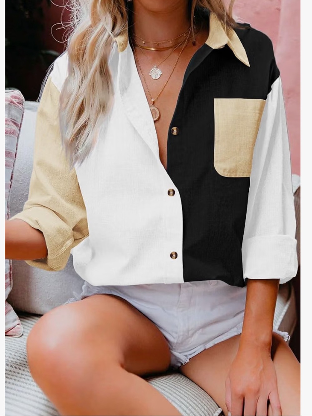 Colorblock Button-Down Shirt - White, Black & Beige Contrast